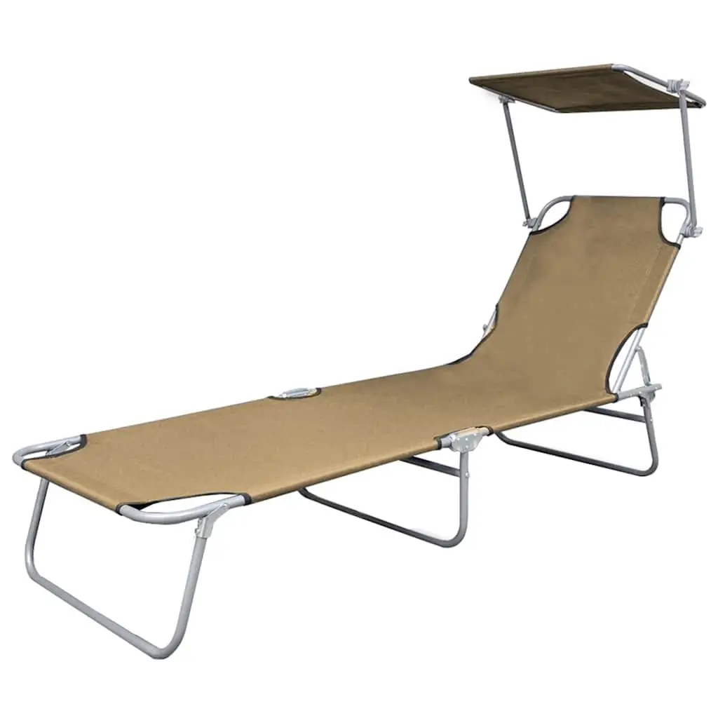 Sun Lounger Folding Chair Adjustable Backrest Canopy Garden Beach Taupe