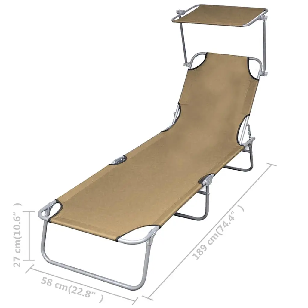 Sun Lounger Folding Chair Adjustable Backrest Canopy Garden Beach Taupe