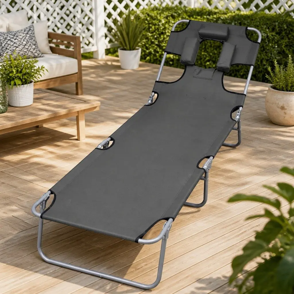 Foldable Sun Lounger Adjustable Backrest Head Cushion Powder-coated Steel Grey