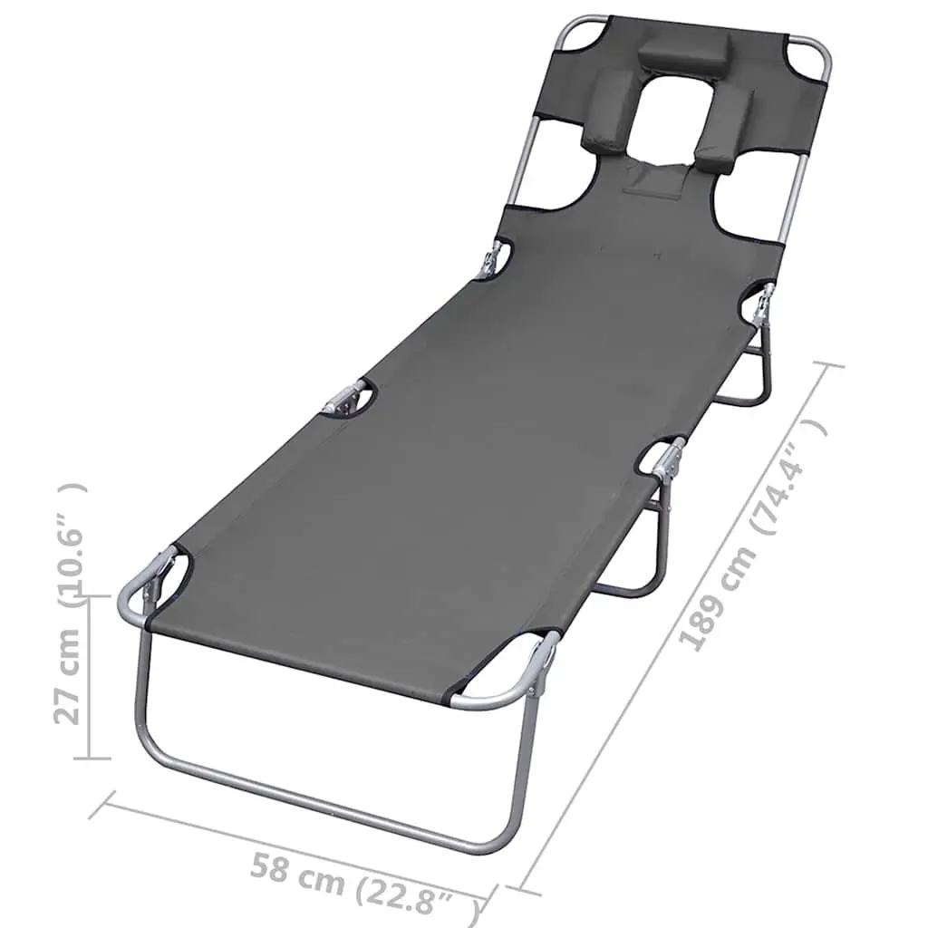 Foldable Sun Lounger Adjustable Backrest Head Cushion Powder-coated Steel Grey