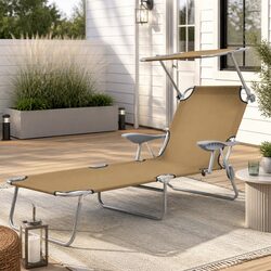 Folding Sun Lounger with Adjustable Canopy Outdoor Sunbed Garden Beach Recliner