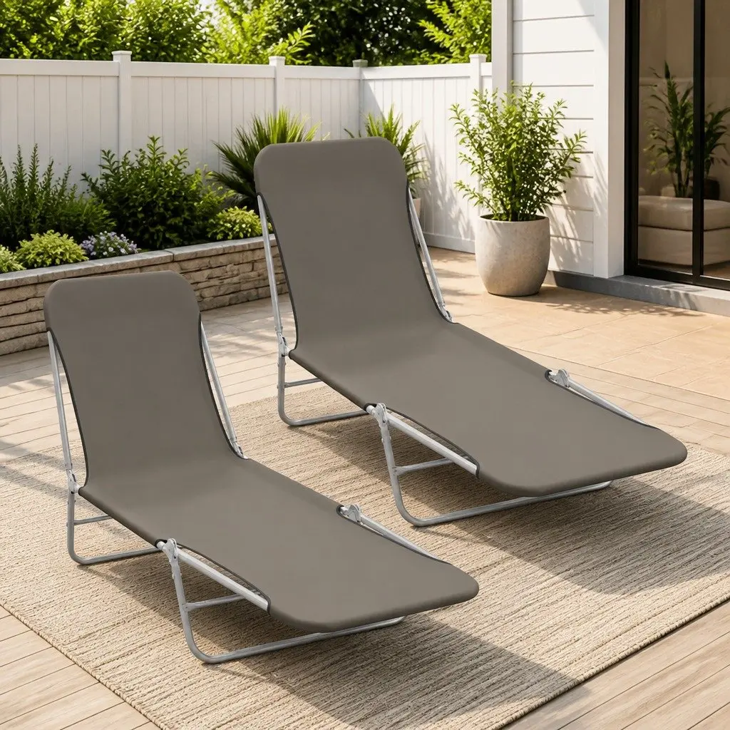 Folding Sun Loungers 2pc Set Oxford Fabric Adjustable Backrest Grey