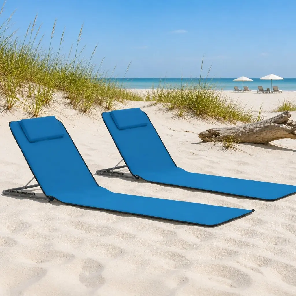 Folding Beach Lounger Set Steel Frame Fabric Adjustable Backrest 2 pcs Blue