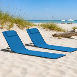 Folding Beach Lounger Set 2 pcs Steel Frame Fabric Backrest Sun Chair Blue