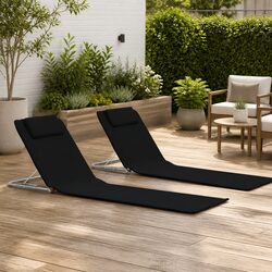 Folding Beach Mats 2 Piece Set Steel Frame Fabric Backrest Sun Lounger Chair