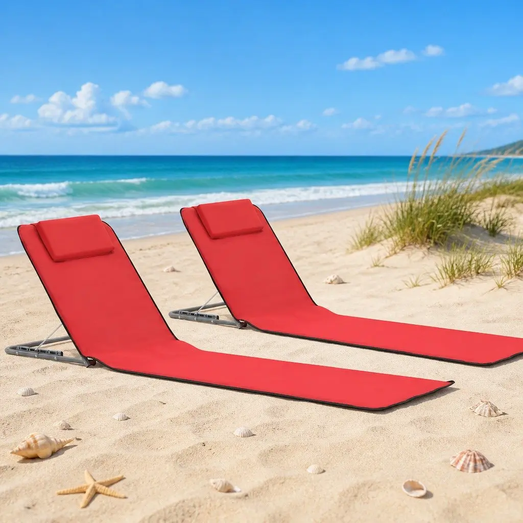 Folding Beach Chair Set Steel Frame Fabric Backrest Red 2 Piece