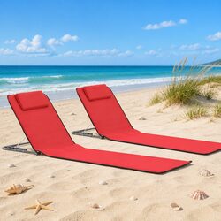 Folding Beach Chair Set 2 pcs Steel Frame Fabric Backrest Sun Lounger Portable