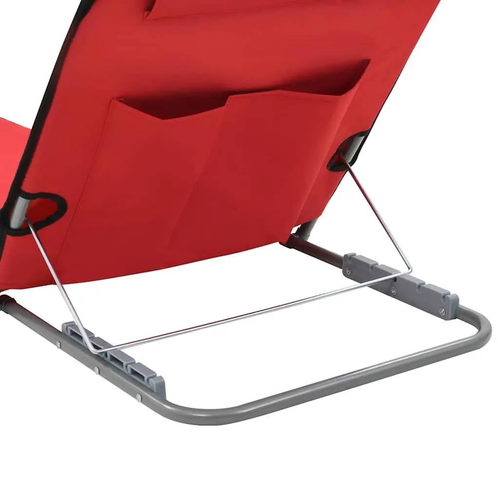 Folding Beach Chair Set Steel Frame Fabric Backrest Red 2 Piece