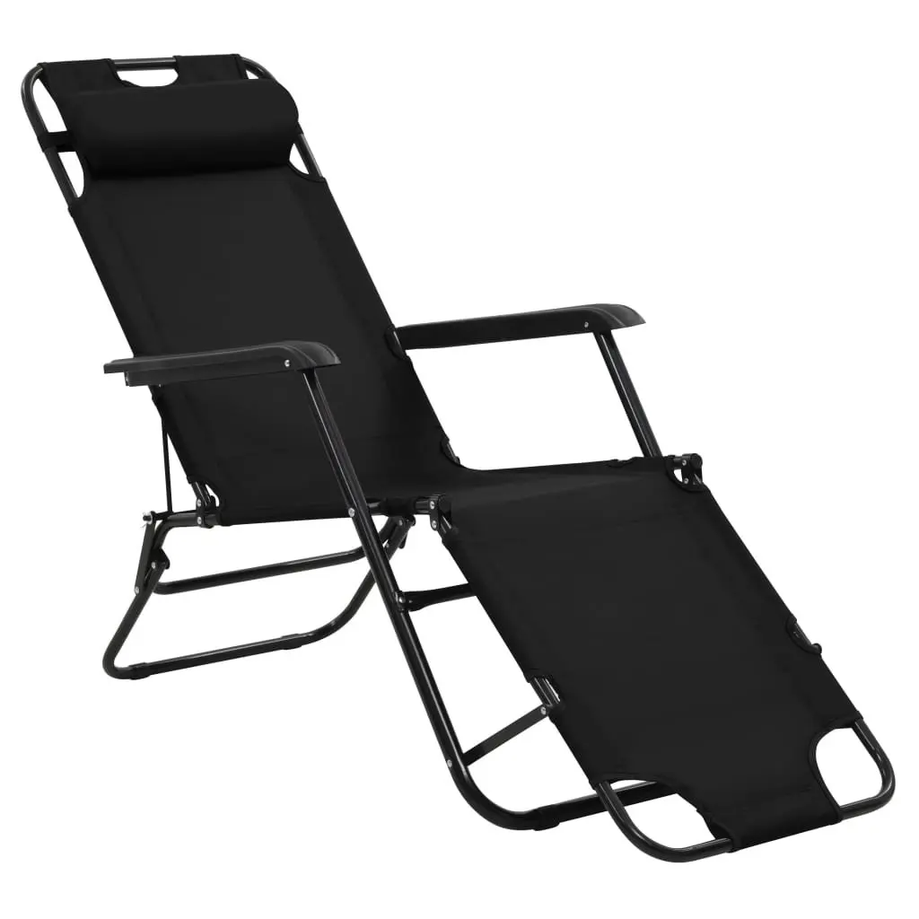 Folding Sun Loungers Steel Frame Black 2 Pack Outdoor Garden Recliner Chairs