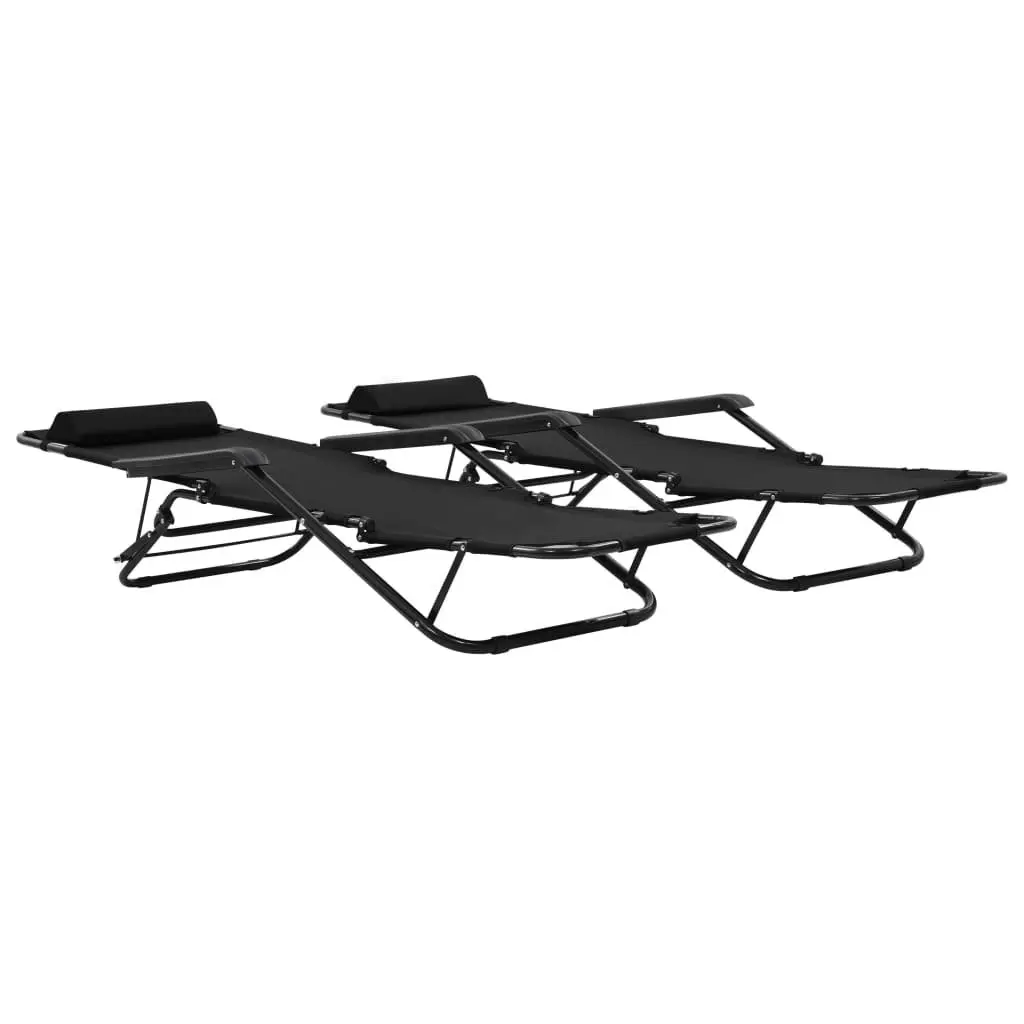 Folding Sun Loungers Steel Frame Black 2 Pack Outdoor Garden Recliner Chairs