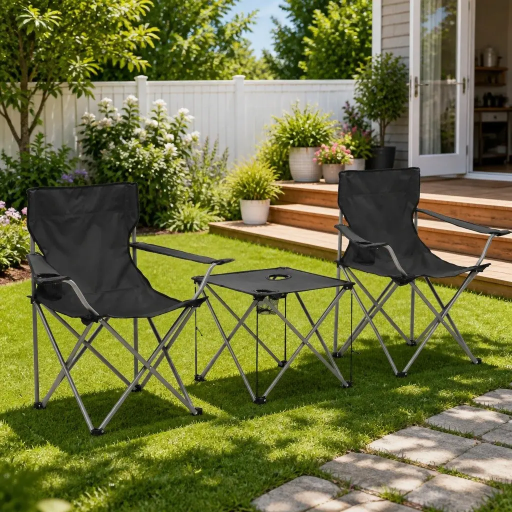 Camping Table and Chair Set Steel Frame Foldable 3 Pieces Grey