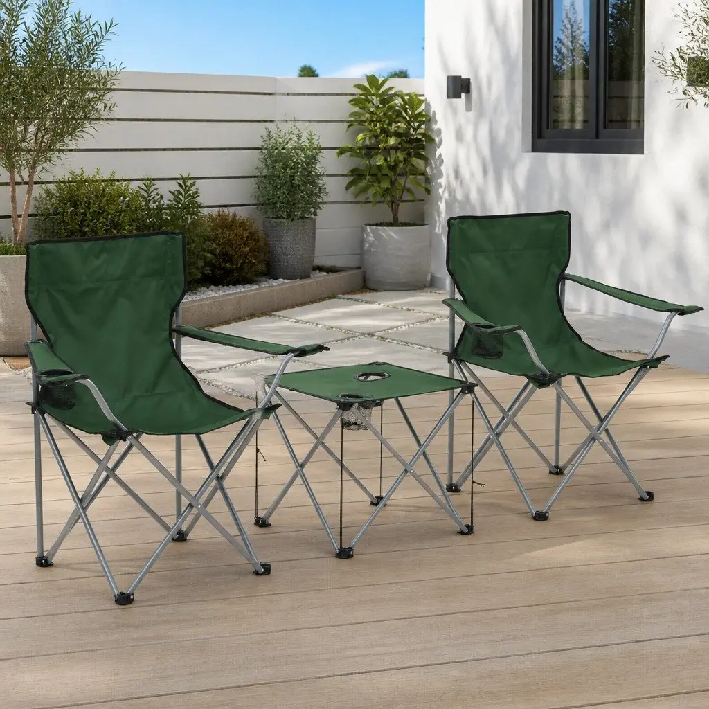 Camping Table and Chair Set Steel Frame 3 Pieces Folding Outdoor Furniture Garden Patio