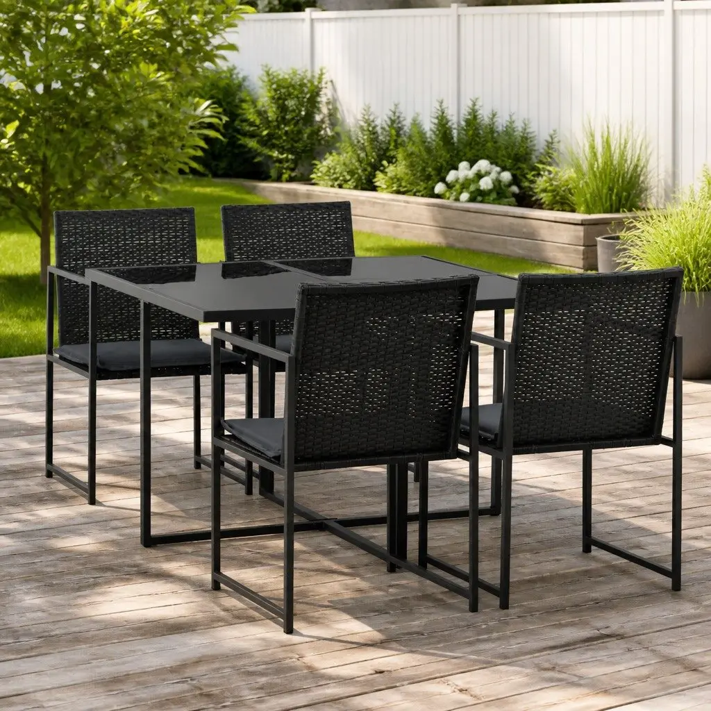 Outdoor Dining Set Black PE Rattan 5 Piece Table Chairs