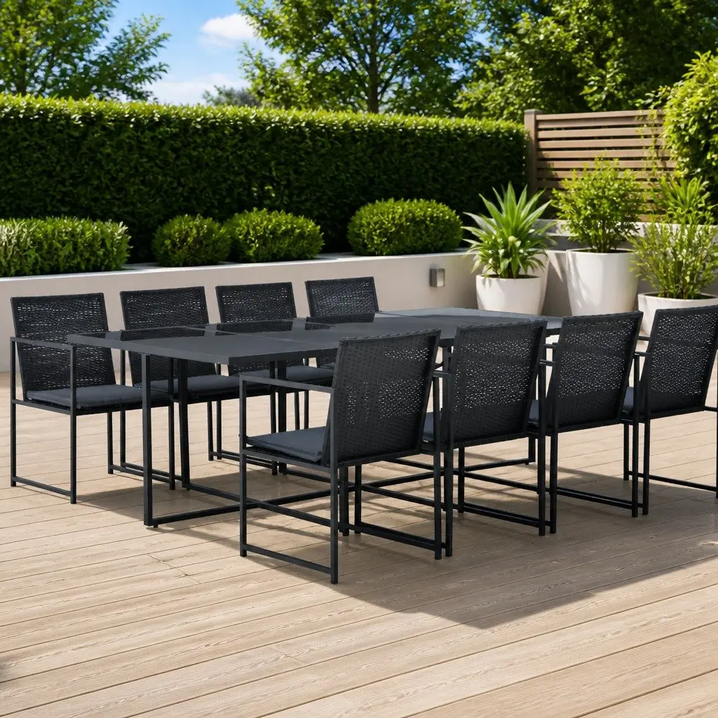 Outdoor Dining Set 9 Piece PE Rattan Garden Furniture Black Steel Table Chairs