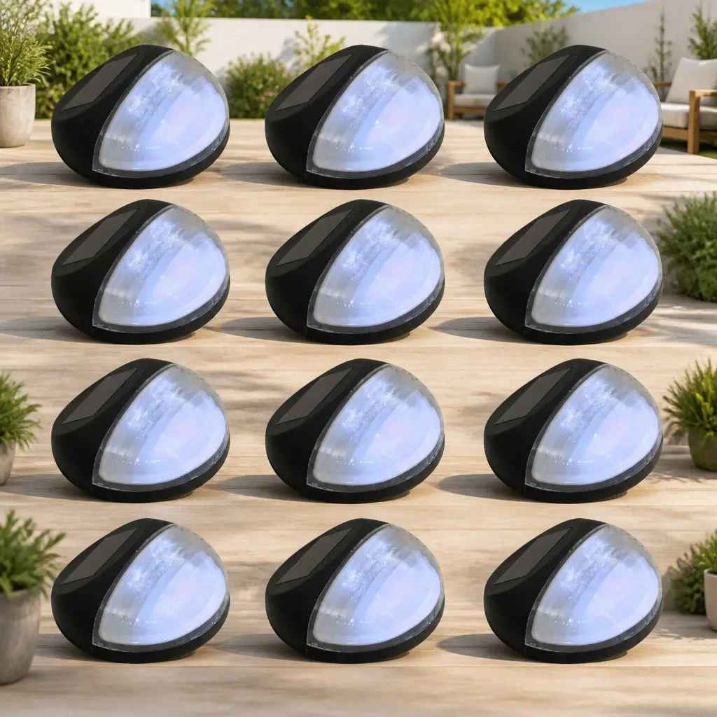 Outdoor Solar LED Wall Lamps Black Round 12 Piece Garden Fence Lighting