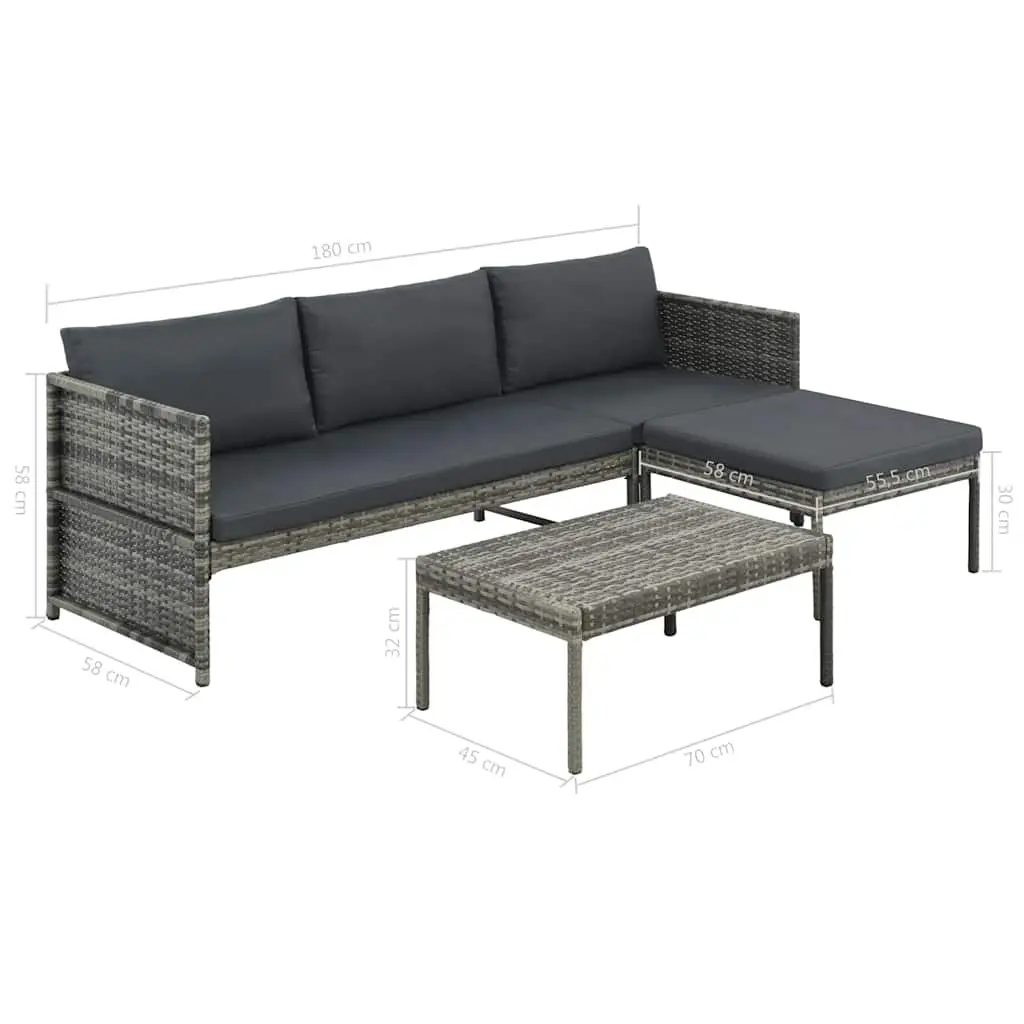 Garden Lounge Set 3 Piece Poly Rattan Sofa Stool Coffee Table Outdoor Grey
