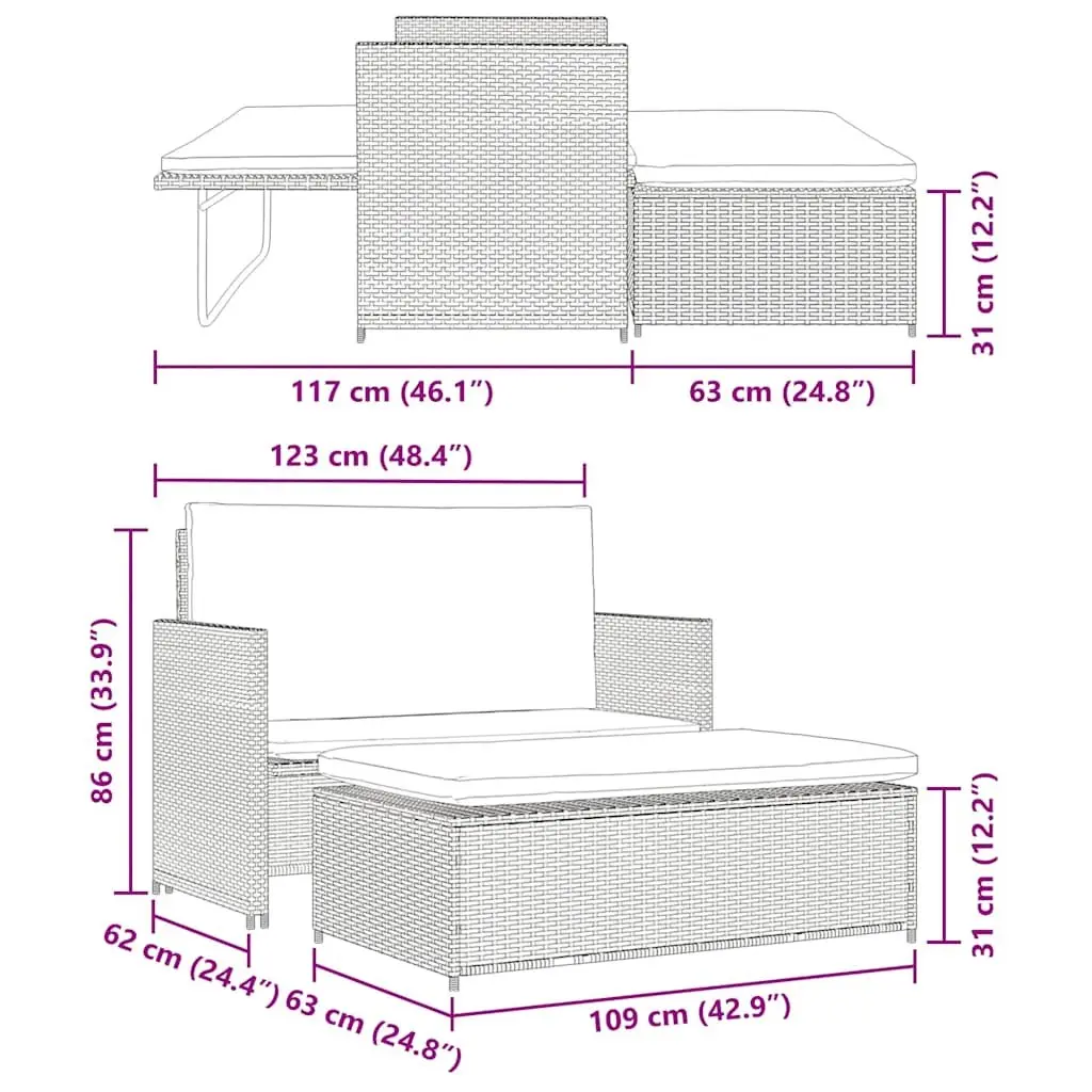 2 Piece Poly Rattan Garden Lounge Sofa Set with Cushions Patio Outdoor
