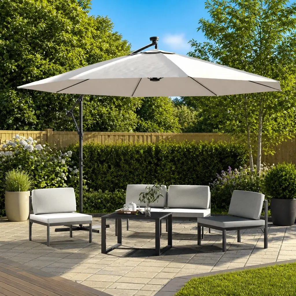 Cantilever Garden Parasol Metal Pole 350cm Beige with Solar LED Lights