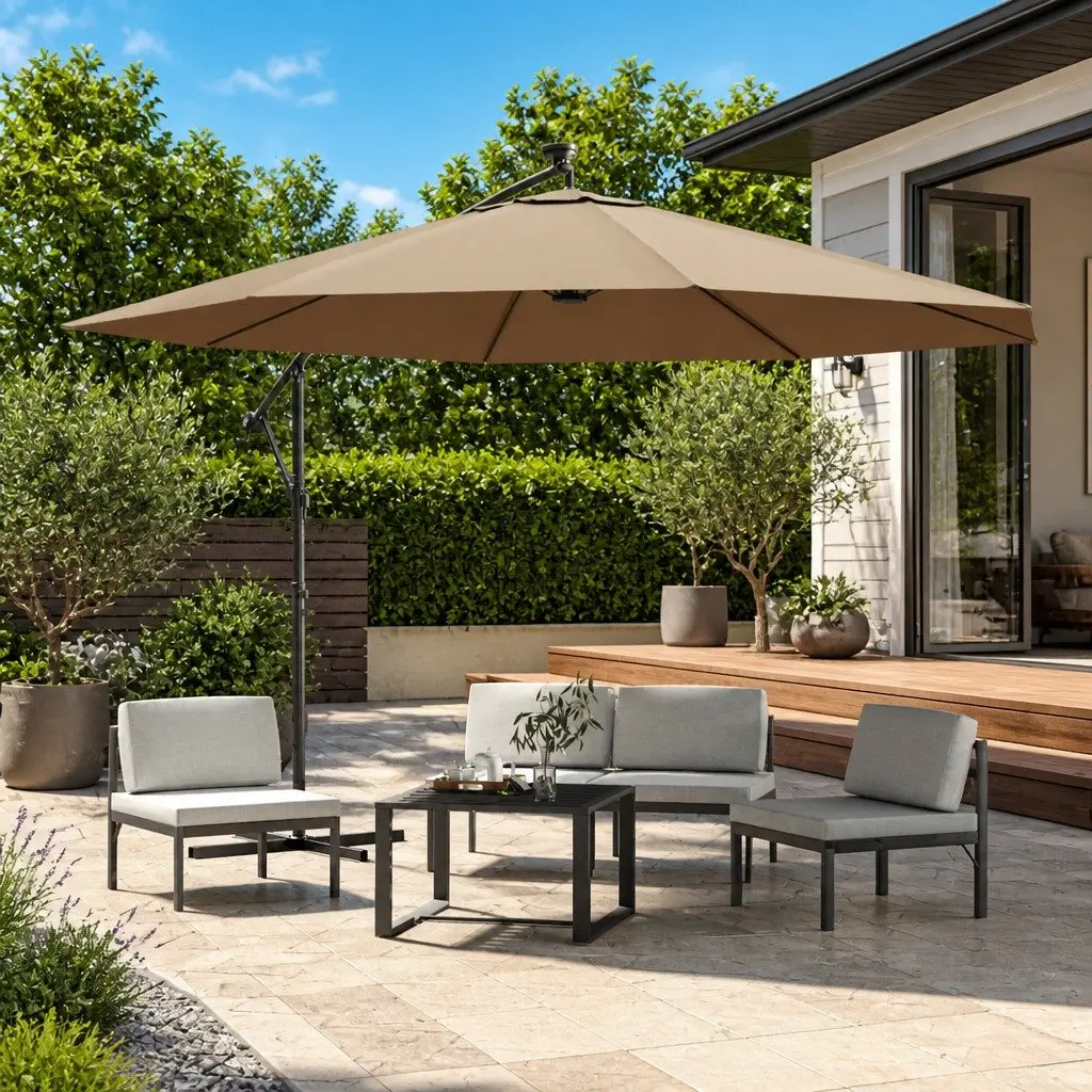 Cantilever Parasol Outdoor Shade 350cm with Solar Powered LED Lights UV Protection Taupe
