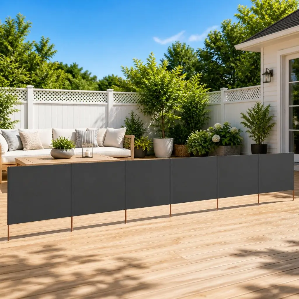 Folding Wind Screen Grey Fabric 800x80cm Outdoor Garden Privacy 6 Panel