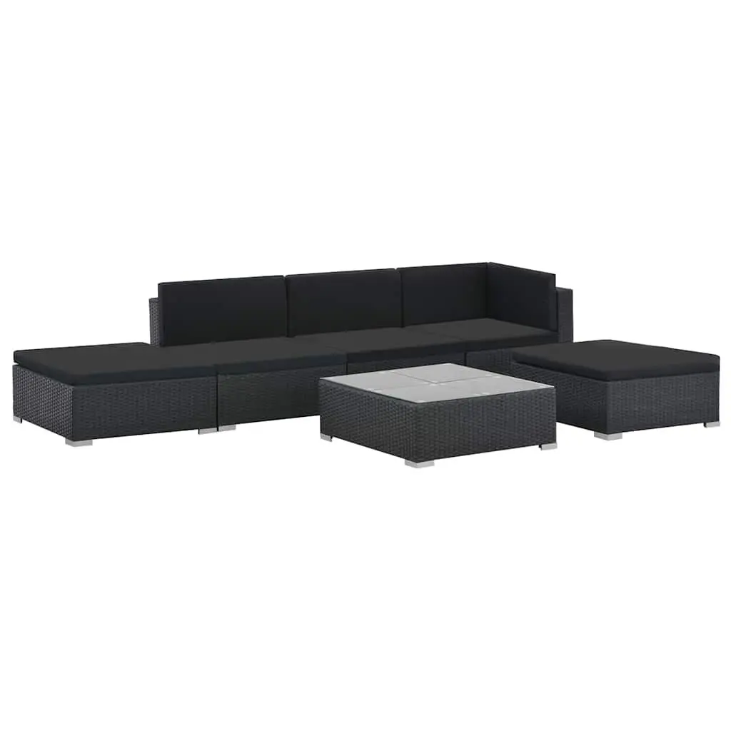 6 Piece Outdoor Sofa Set Modular Poly Rattan Black Weather Resistant Cushions and Coffee Table with Ottomans for Garden or Patio