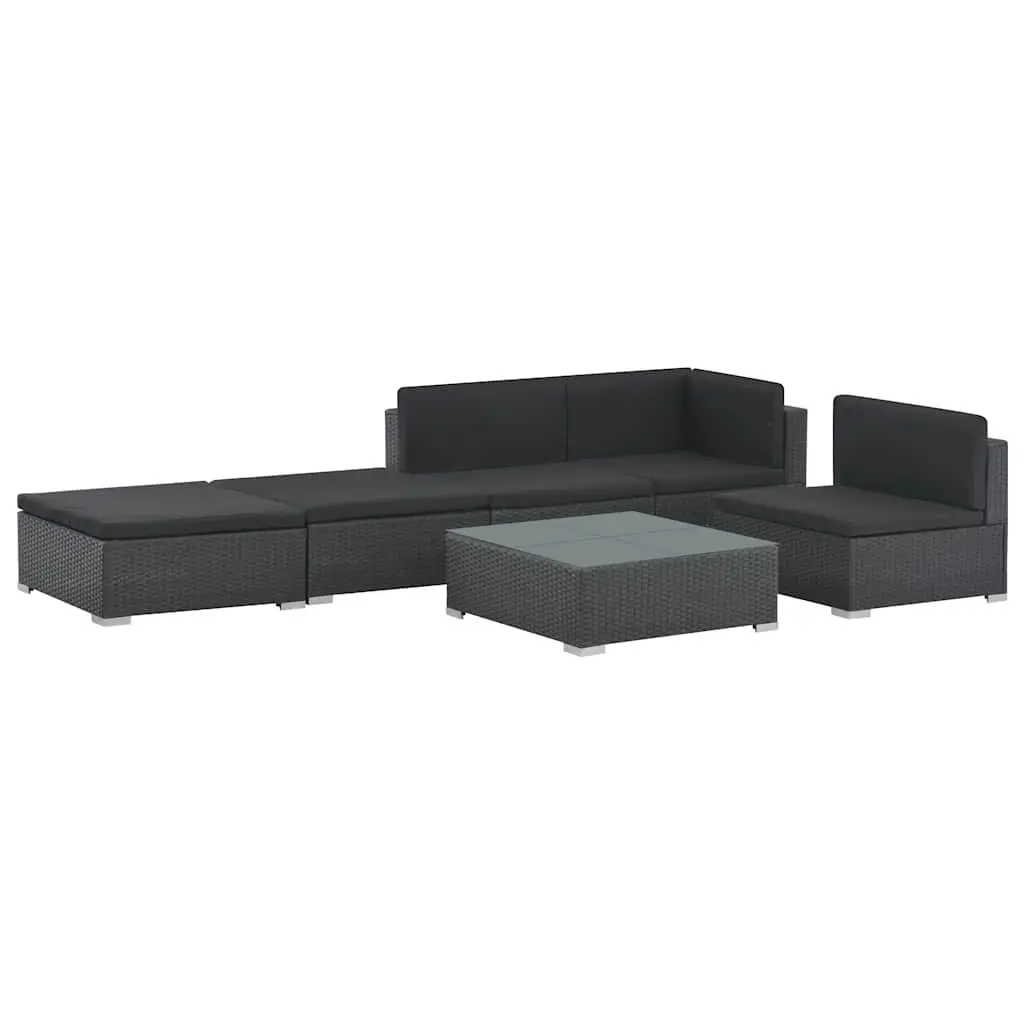 6 Piece Outdoor Sofa Set Modular Poly Rattan Black Weather Resistant Cushions and Coffee Table with Ottomans for Garden or Patio