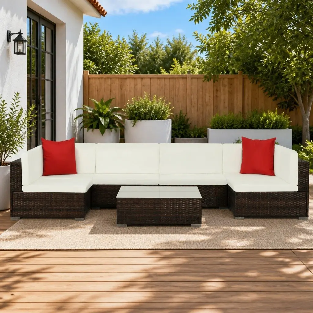 Garden Lounge Set 7 Piece Outdoor Sofa PE Rattan with Cushions Brown