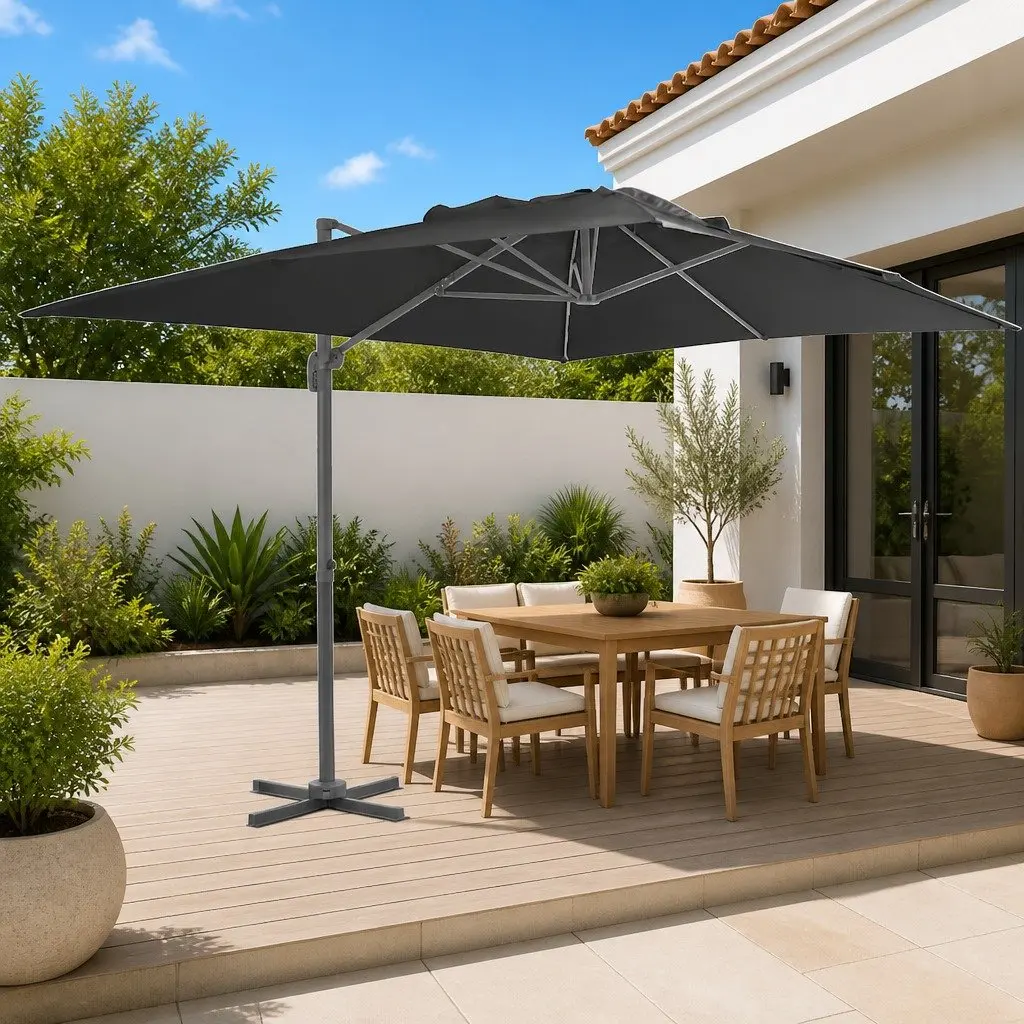 Hanging Garden Parasol UV Protective Polyester 400x300cm Anthracite with Powder Coated Aluminium Pole Cross Base and Adjustable Angle