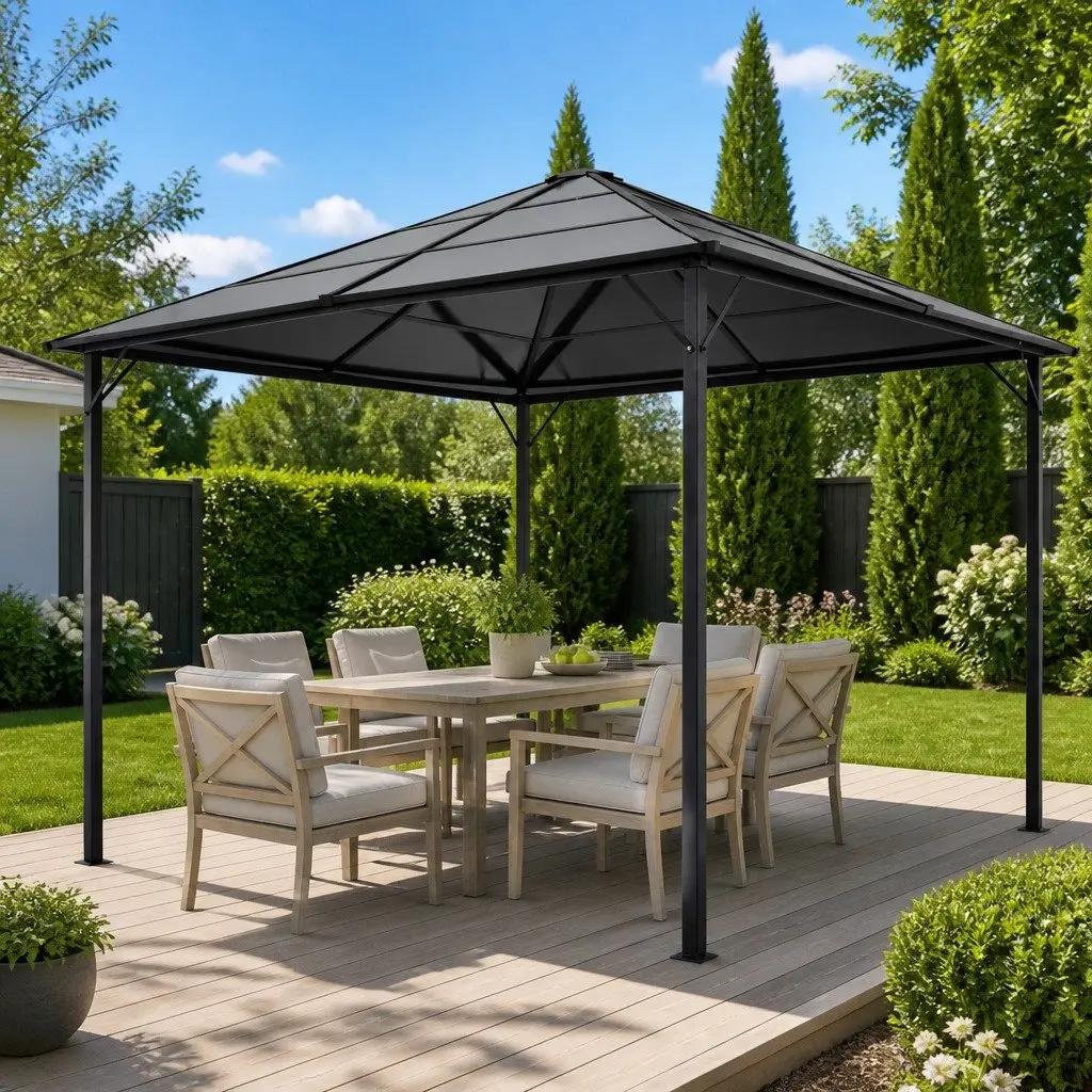 Gazebo 3x3m Black Steel Aluminium Frame UV-Resistant Polycarbonate Roof Outdoor Shade Shelter
