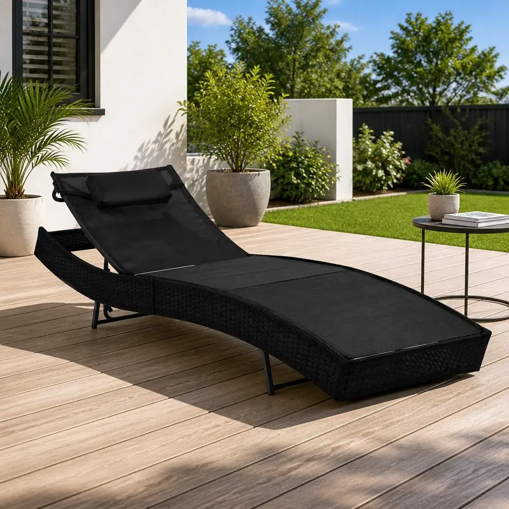 Sun Lounger PE Rattan Textilene Fabric Adjustable Reclining Chair Black