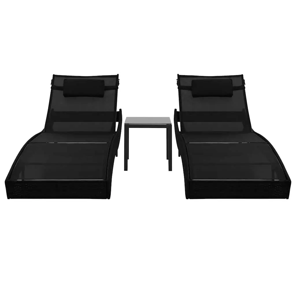 Sun Loungers Set Steel PE Rattan Textilene Fabric 2 pcs Black