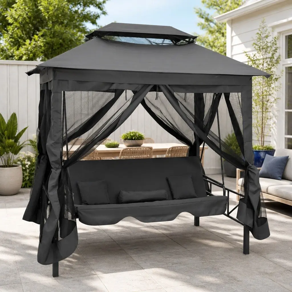 Outdoor Convertible Swing Bench Canopy Bed Steel Frame Anthracite Garden 220x160x240cm