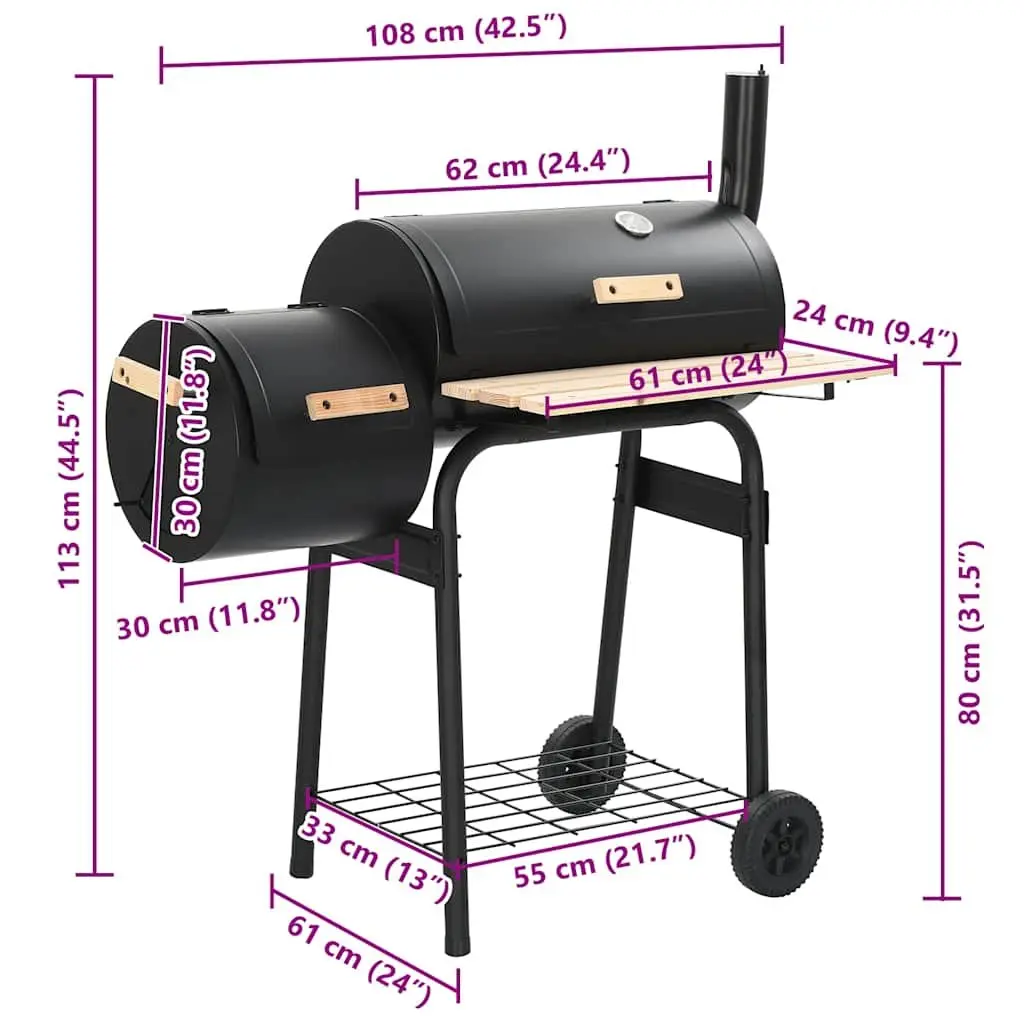Offset Smoker Grill Black Outdoor Cooking Chamber with Side Firebox and Integrated Thermometer