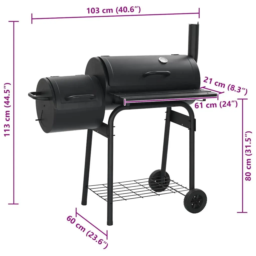Charcoal Offset Smoker Black Cooking Chamber Firebox Outdoor Grill