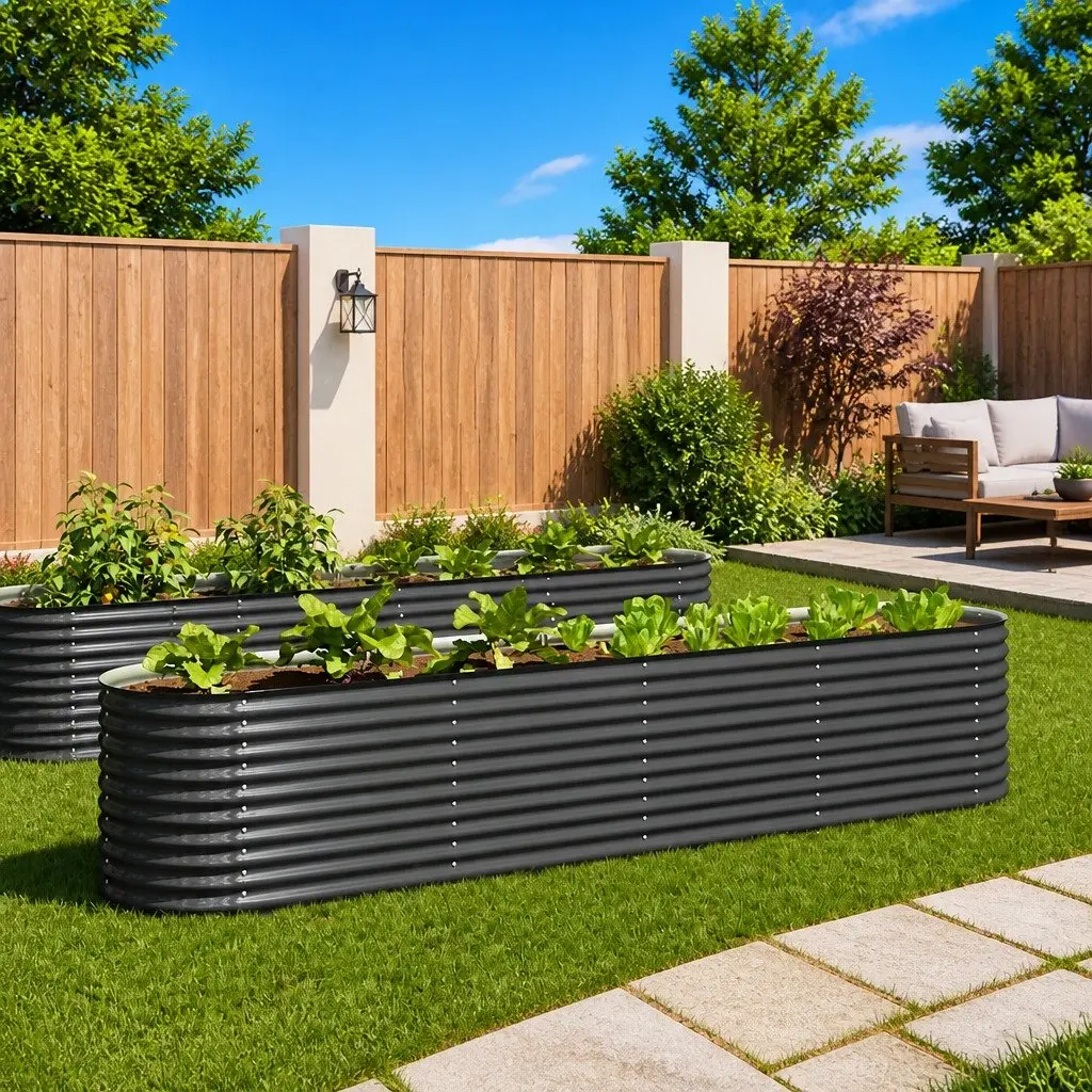 Galvanised Steel Outdoor Planter 400x80x81cm Grey Raised Garden Bed Deep Spacious