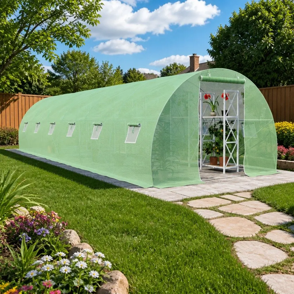 Garden Greenhouse PE Mesh Fabric 900x300x200 cm Green with Ventilation Windows and Door Galvanised Steel Frame 27 m²