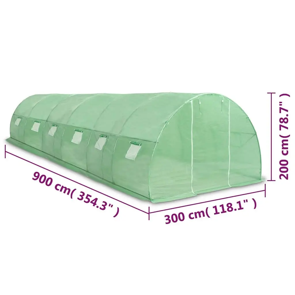 Garden Greenhouse PE Mesh Fabric 900x300x200 cm Green with Ventilation Windows and Door Galvanised Steel Frame 27 m²