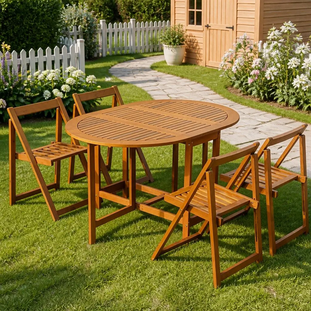5 Piece Outdoor Acacia Wood Folding Table and Chairs Set Brown for Garden and Patio