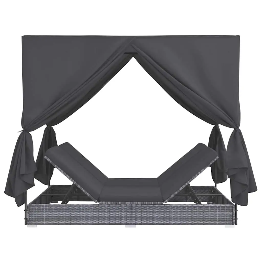 2 Person Sun Lounger Outdoor Daybed Adjustable Grey Poly Rattan with Curtains