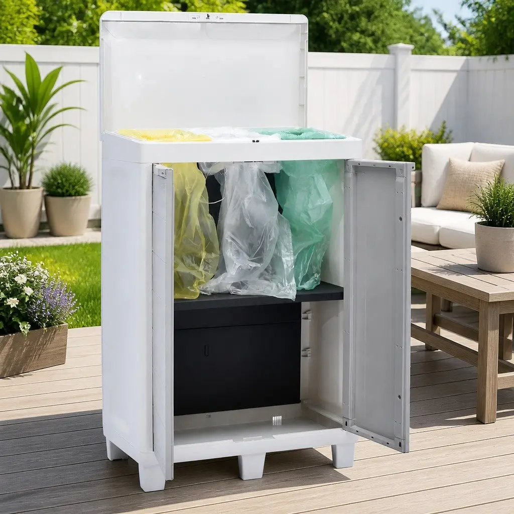 Outdoor Recycling Waste Bin Plastic Light Grey with 3 Bag Holders 65x38x102cm