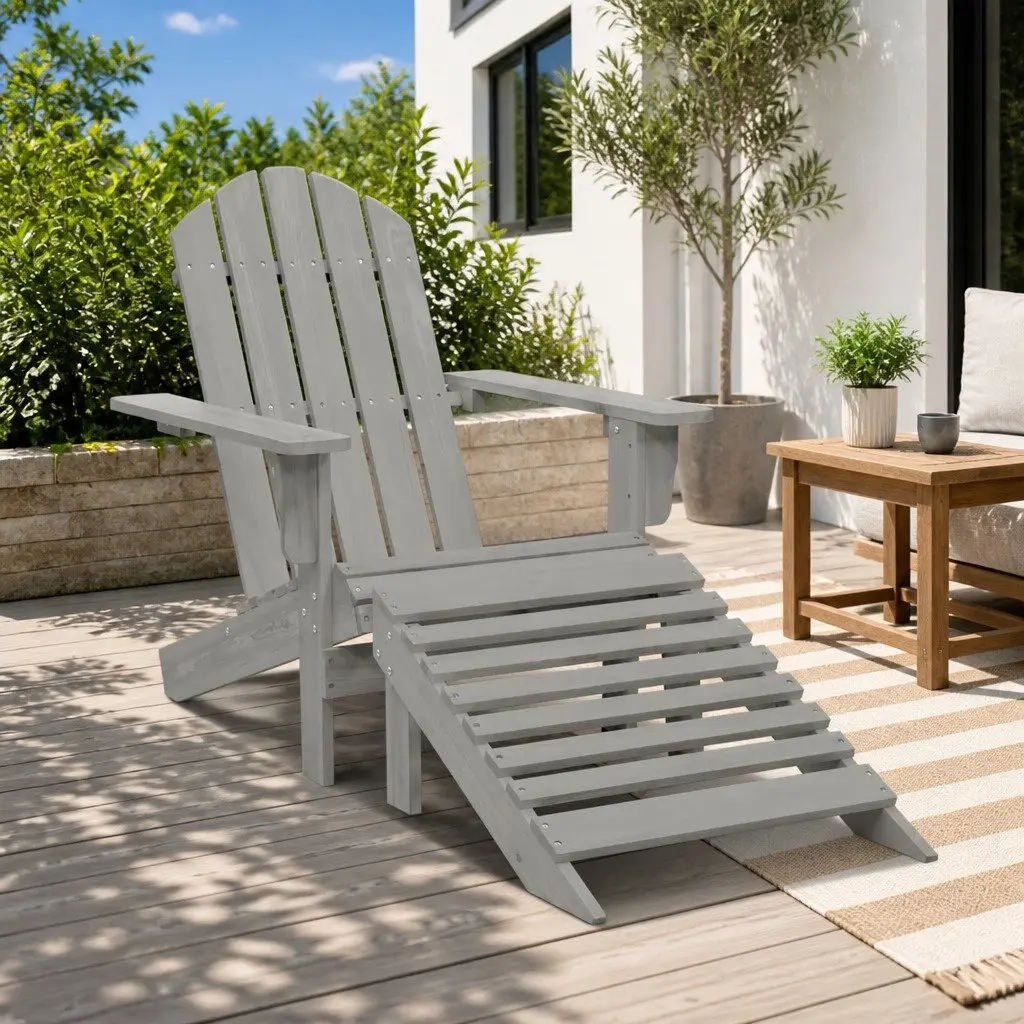 Garden Chair and Ottoman Set Wooden Grey Outdoor Patio Seating