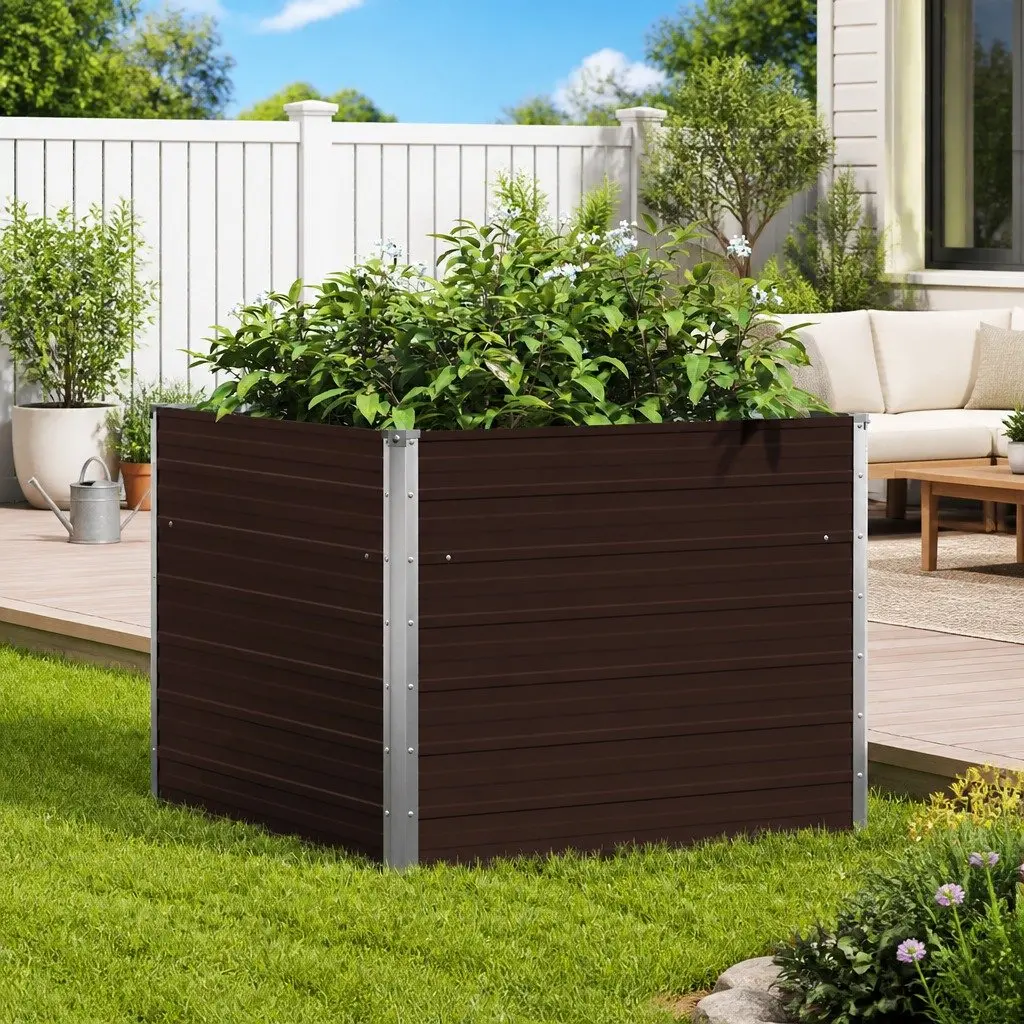 Square Raised Garden Bed Galvanised Steel 100x100x77cm Brown Outdoor Planter Box
