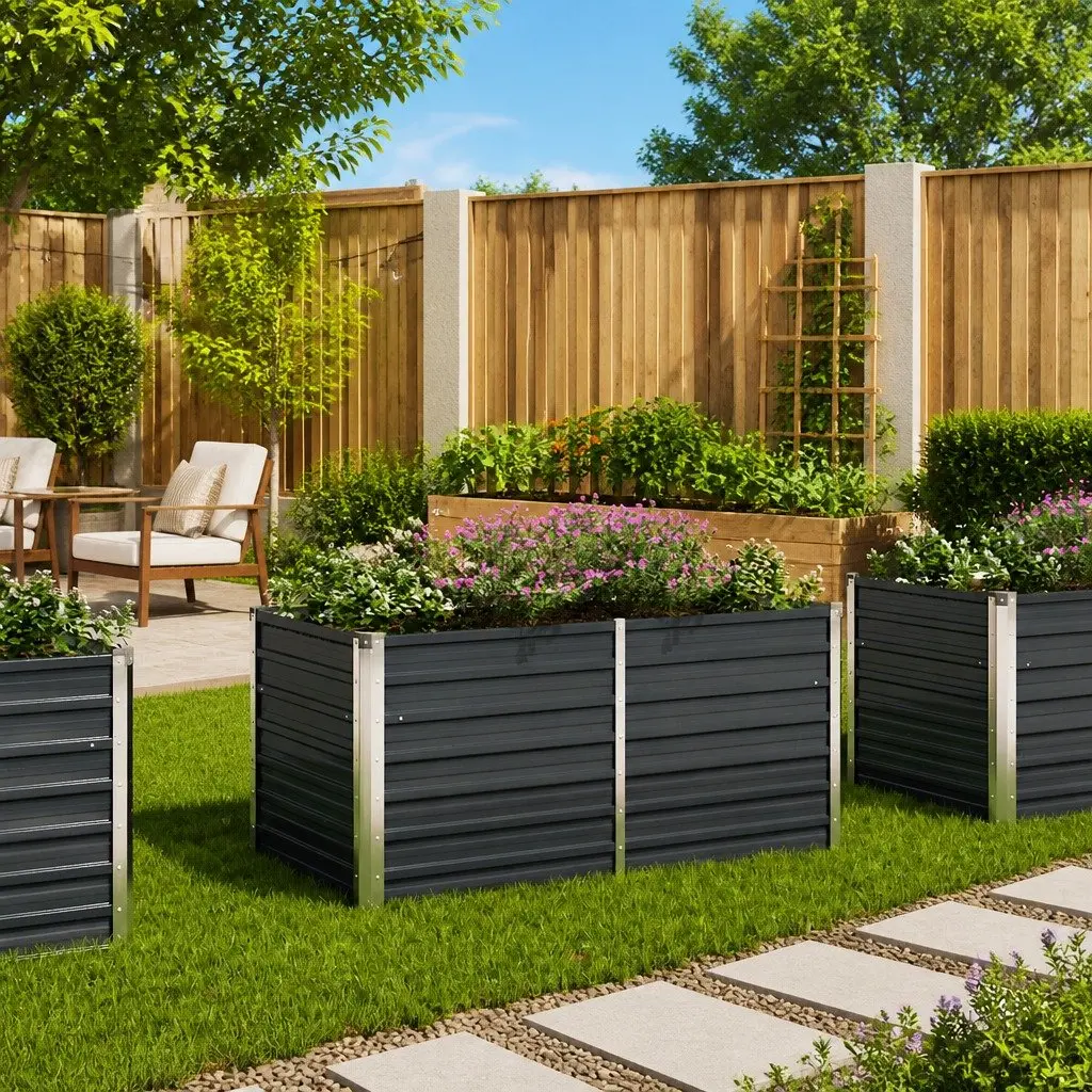 Outdoor Planter Box Raised Bed Galvanised Steel 160x80x77cm Anthracite Color Garden Planting Planter