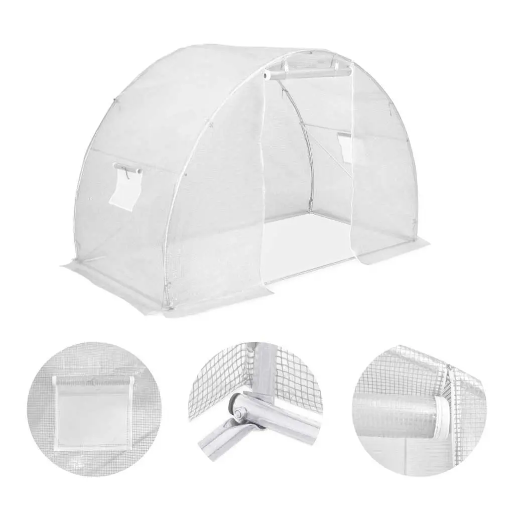 Greenhouse 4.5 m Galvanised Steel Frame White PE Mesh Plant House with Ventilation Windows and Entry Door