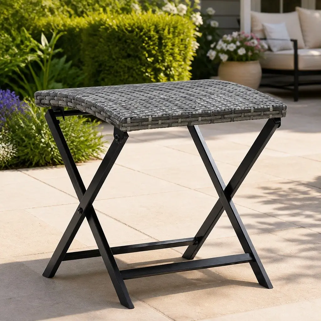 Folding Stool PE Rattan Seat Lightweight Portable Grey Garden