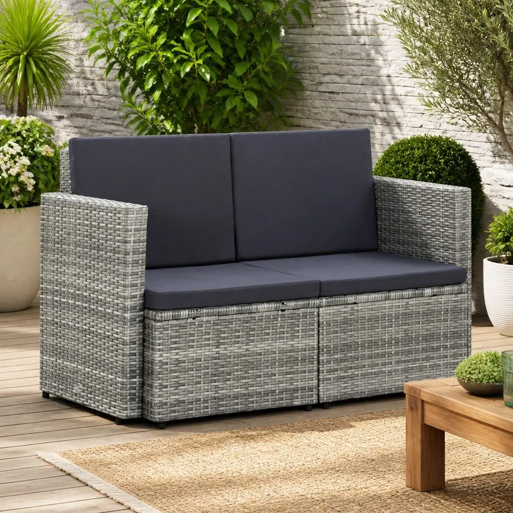 2 Seater Garden Sofa with Cushions Grey Poly Rattan Outdoor Patio Bench Seat
