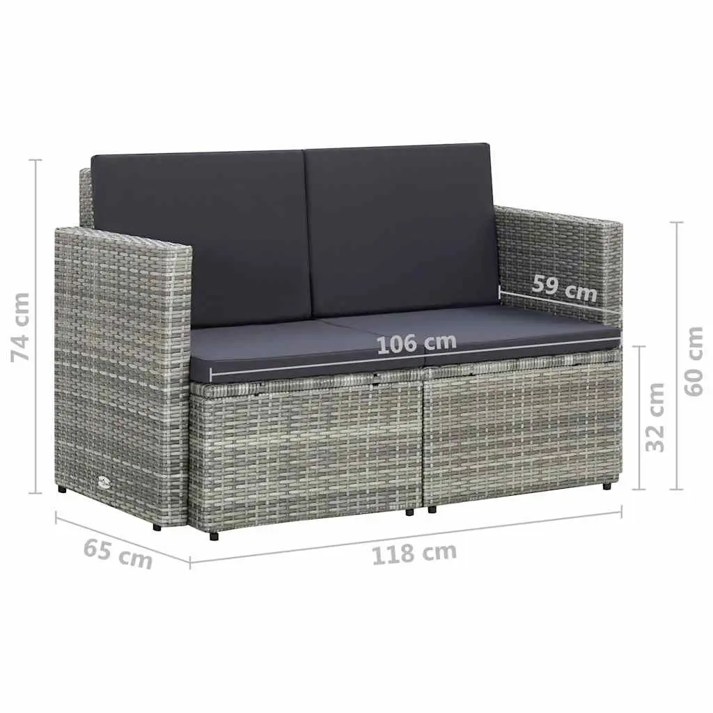 2 Seater Garden Sofa with Cushions Grey Poly Rattan Outdoor Patio Bench Seat