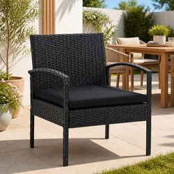 Outdoor Garden Chair with Cushion PE Rattan Black Patio Seating Armchair