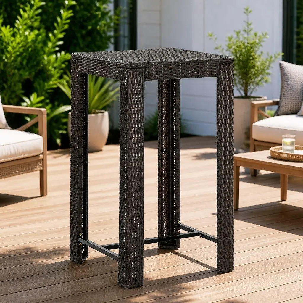 Bar Table PE Rattan Brown Outdoor Steel Frame 60.5cm