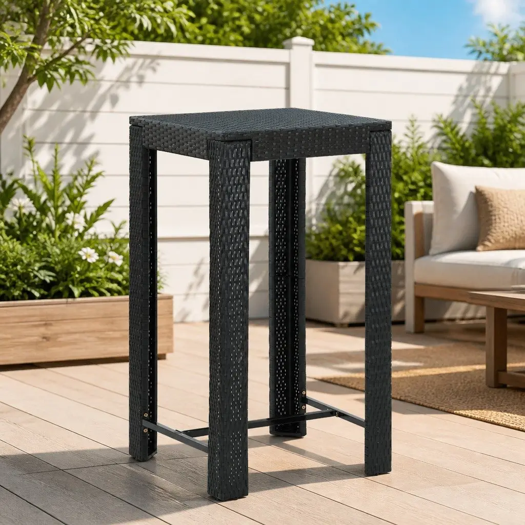 Bar Table Powder-coated Steel PE Rattan 60.5x60.5x110.5cm Black Outdoor Garden Patio Furniture